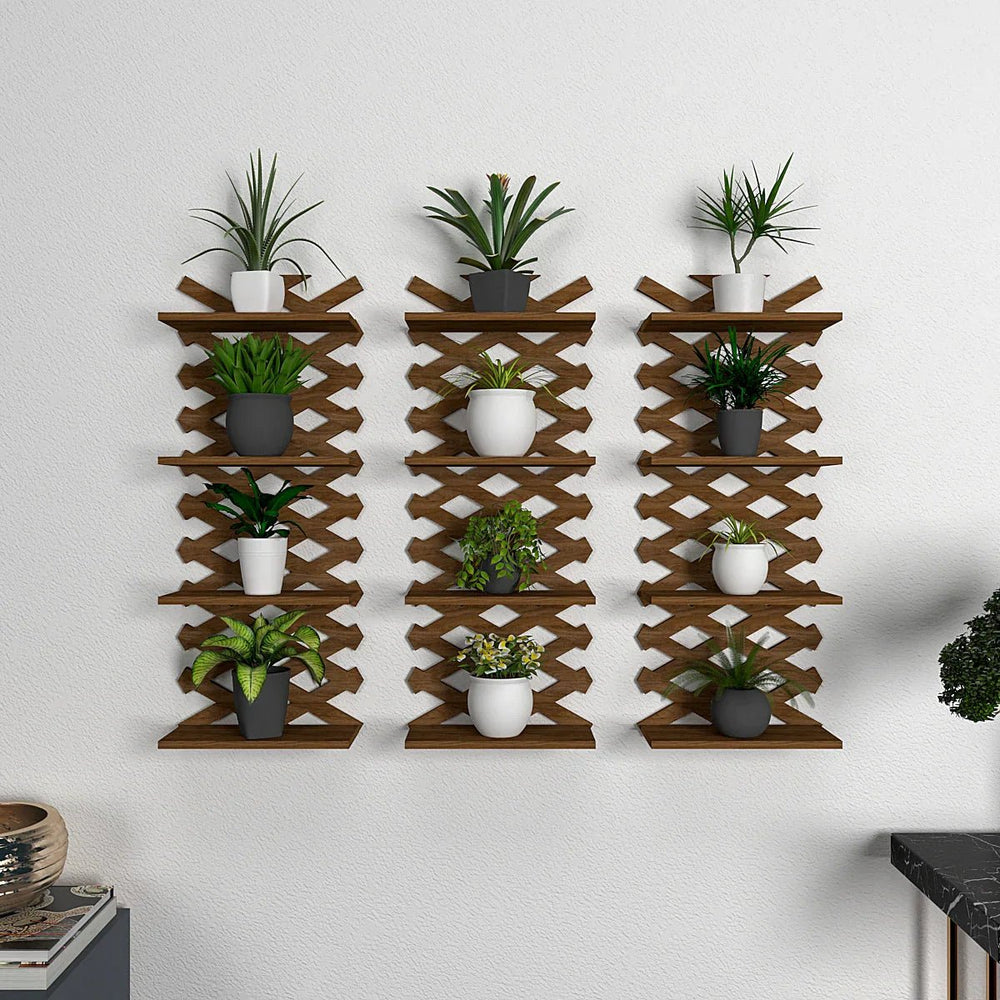 Criss Cross Designer Dark Walnut Planter Wall Shelves Set Of 3 - All India Decor