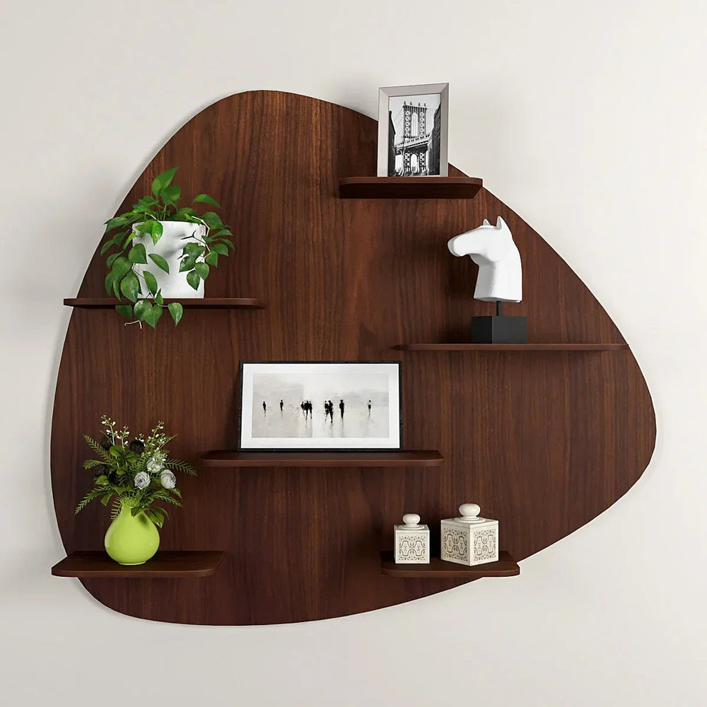 Abstract Shape Backlit Wood Wall Shelf / Book Shelf / Night Light, Walnut Finish - All India Decor