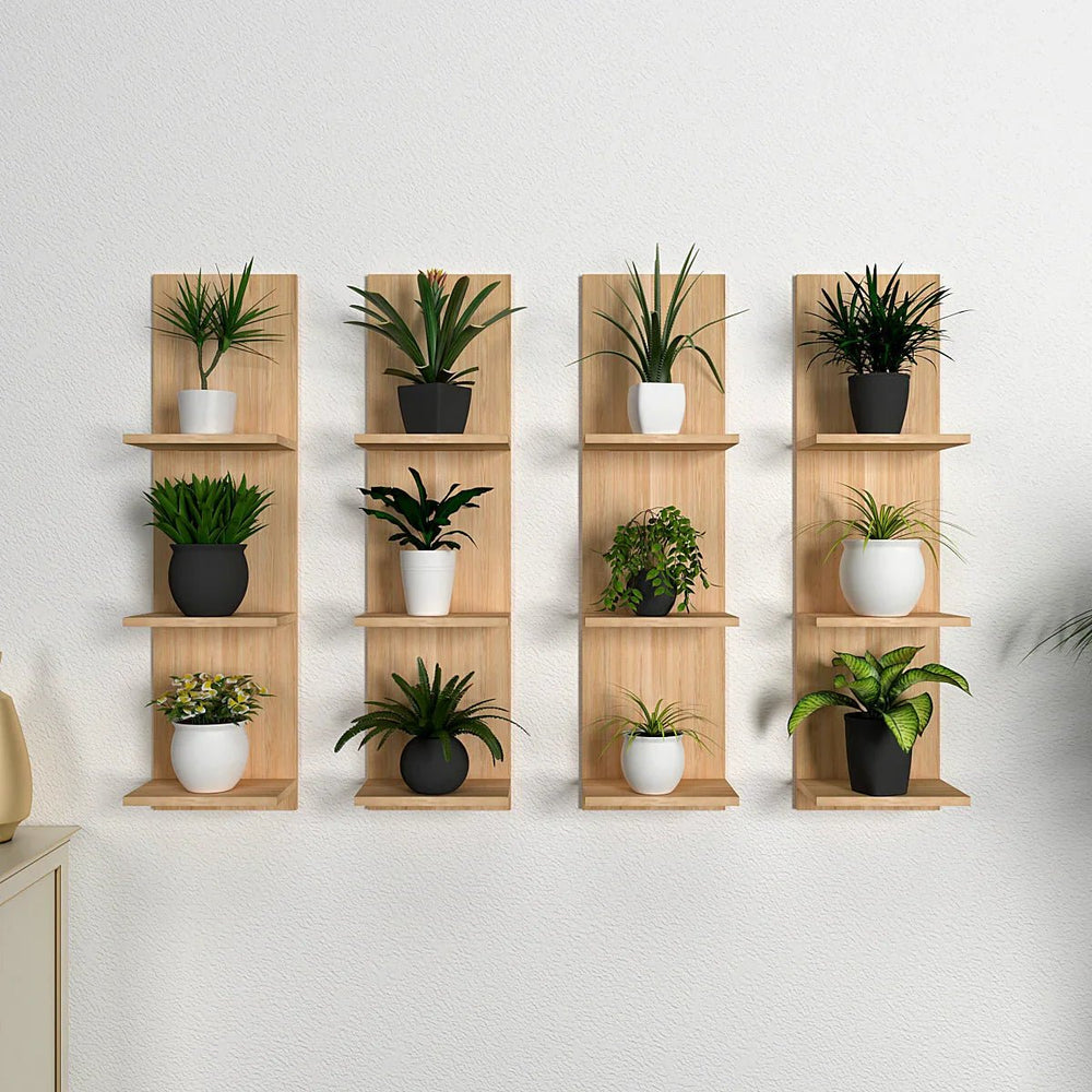 Classic Vertical Oak Finish Planter Wall Shelves Set Of 4 - All India Decor
