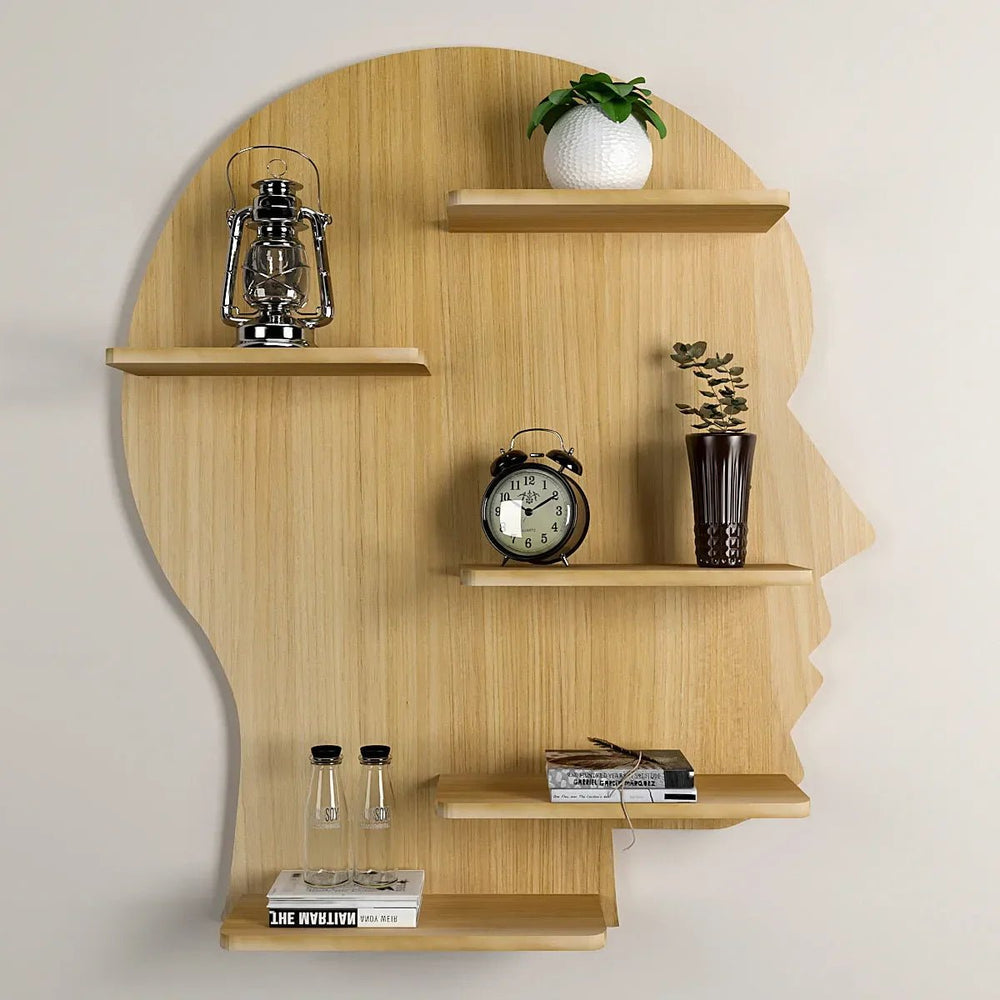 Man Face Backlit Wooden Wall Shelf / Book Shelves / Night Light, Light Oak Finish - All India Decor