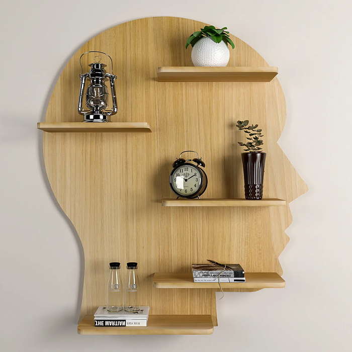 Man Face Backlit Wooden Wall Shelf / Book Shelves / Night Light, Light Oak Finish