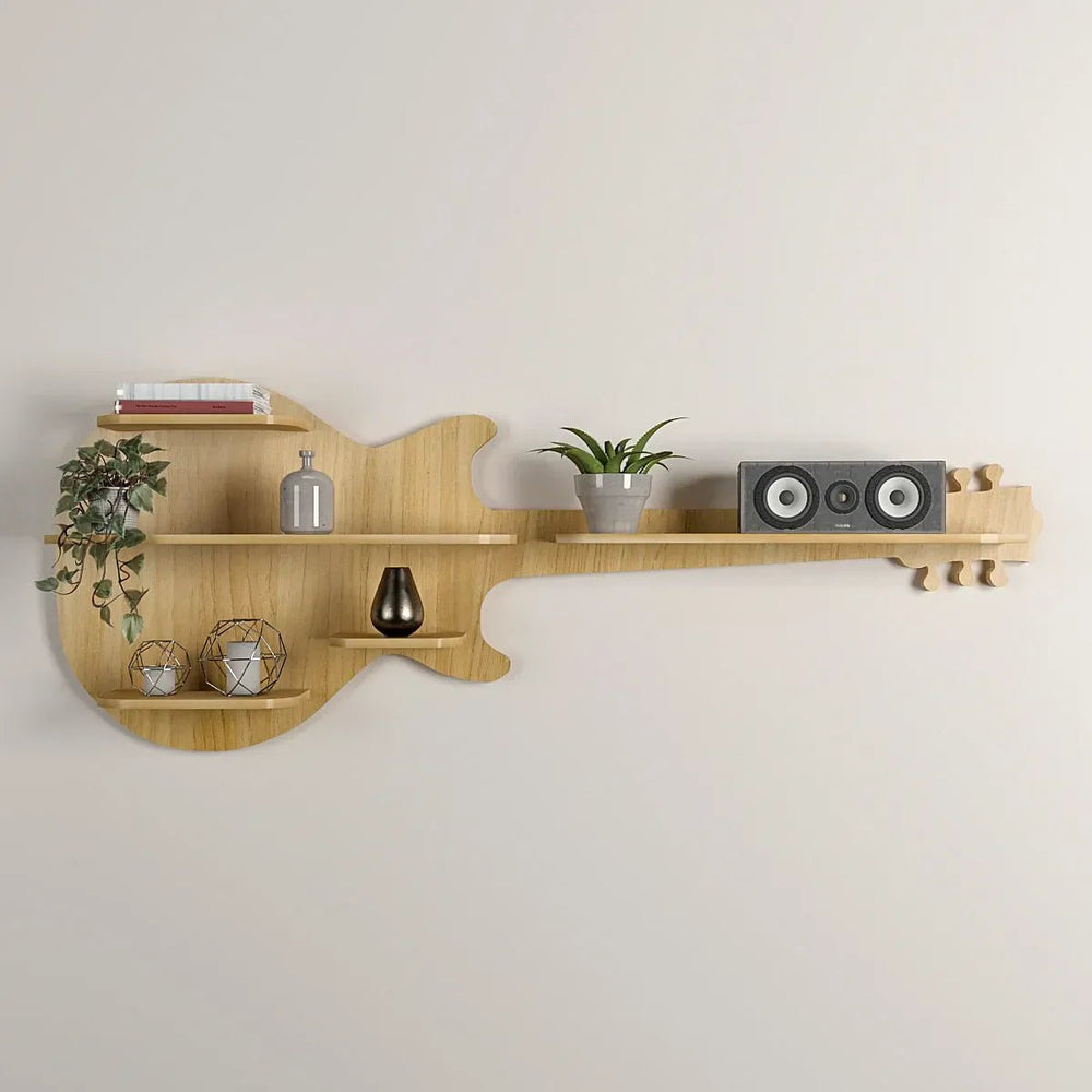 Guitar Backlit Wood Wall Shelf / Book Shelf / Night Light, Light Oak Finish - All India Decor