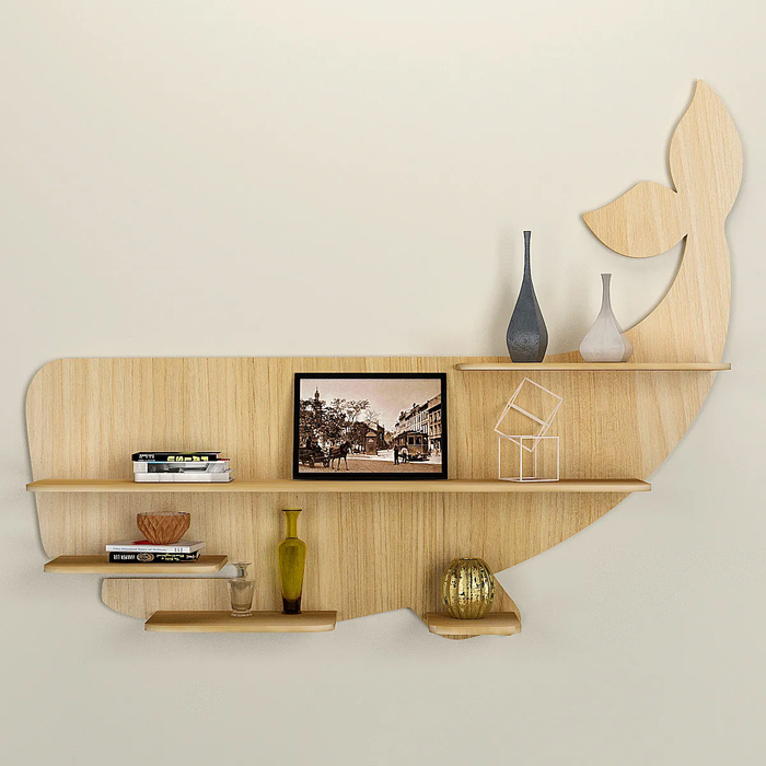 Whale Backlit Wood Wall Shelf / Book Shelf / Night Light, Light Oak Finish