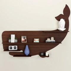 Whale Backlit Wood Wall Shelf / Book Shelf / Night Light, Walnut Finish - All India Decor