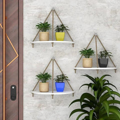 Wooden Wall Hanging Curved Shape Planter Shelf with Rope (White) - All India Decor