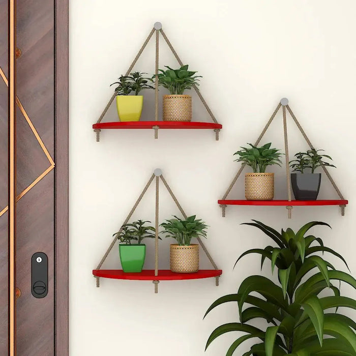 Wooden Wall Hanging Curved Shape Planter Shelf with Rope (Red)