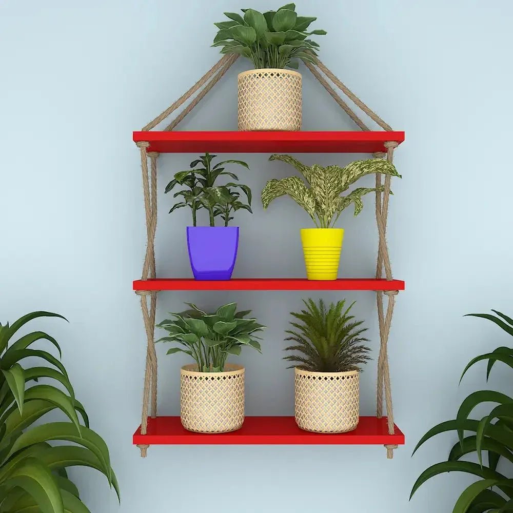 Cross Rope Wooden Wall Hanging Planter Shelf (Red Color) - All India Decor