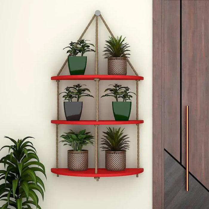 Wooden Wall Hanging Planter Shelf with Rope Three Layers(Red)