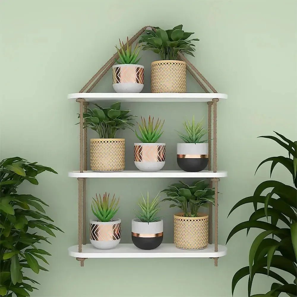Wooden Wall Hanging Planter Shelf with Rope Three Layer (White Color) - All India Decor