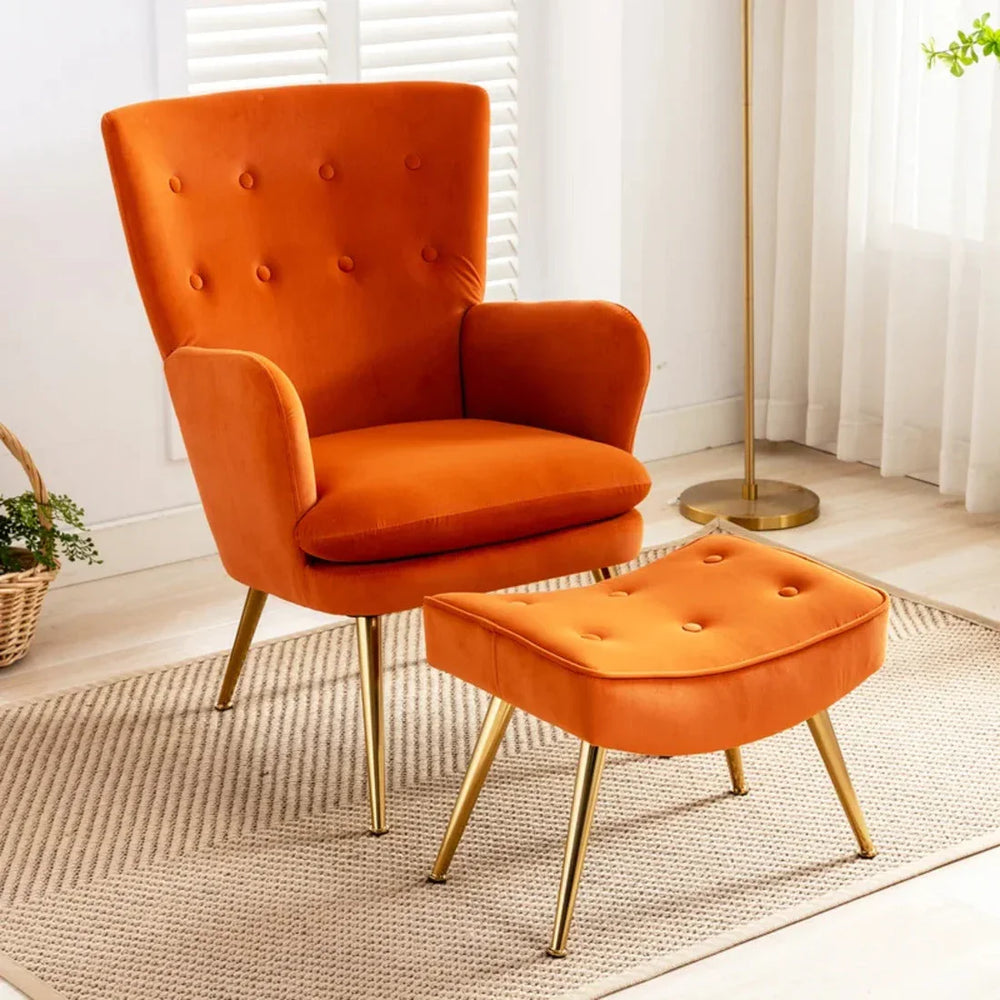 Tufted Long Back Orange Lounge Chair With Ottoman - All India Decor