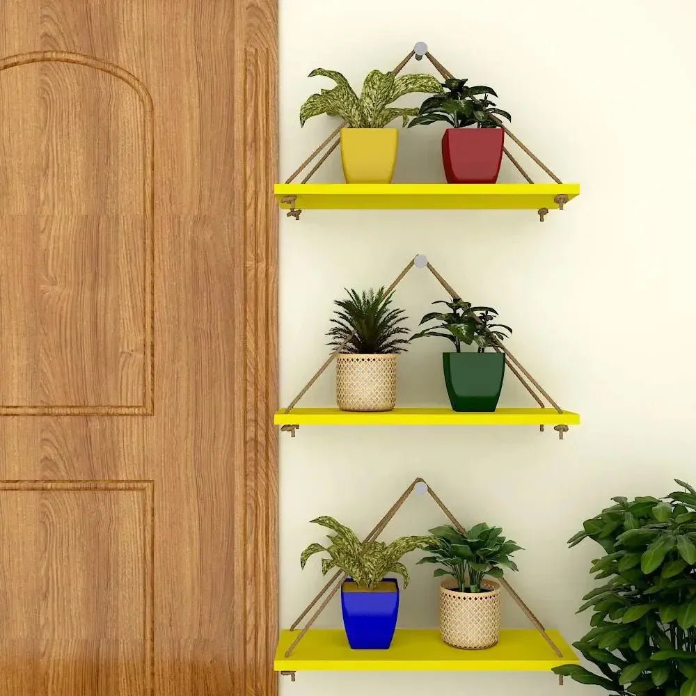 Wooden Wall Hanging Planter Shelf with Rope (Yellow, Set of 3) - All India Decor