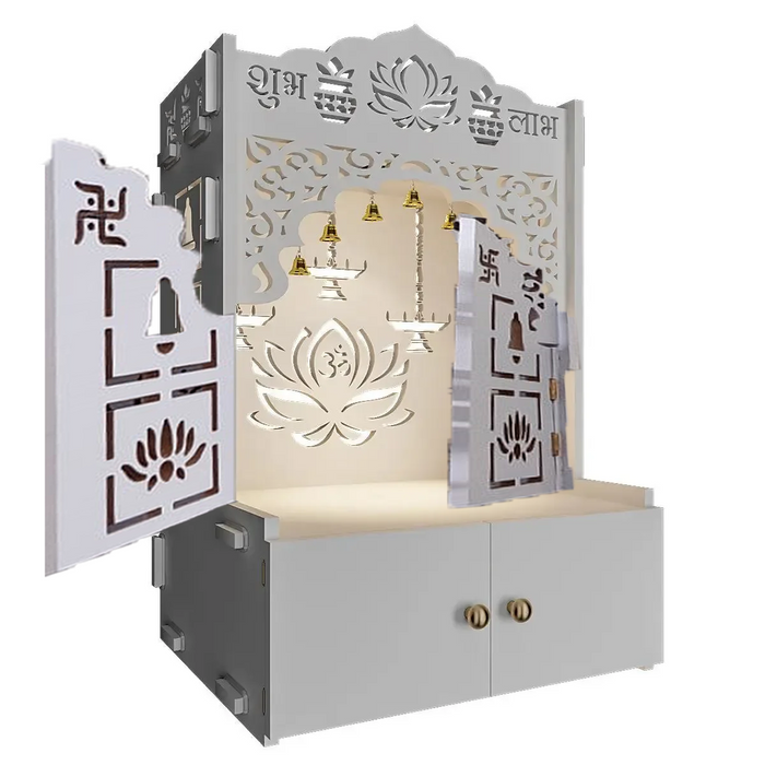 Lotus White Finish Wooden Door Wall Temple for Home With Inbuilt focus Lights & Spacious Shelf