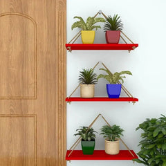 Wooden Wall Hanging Planter Shelf with Rope (Red, Set of 3) - All India Decor