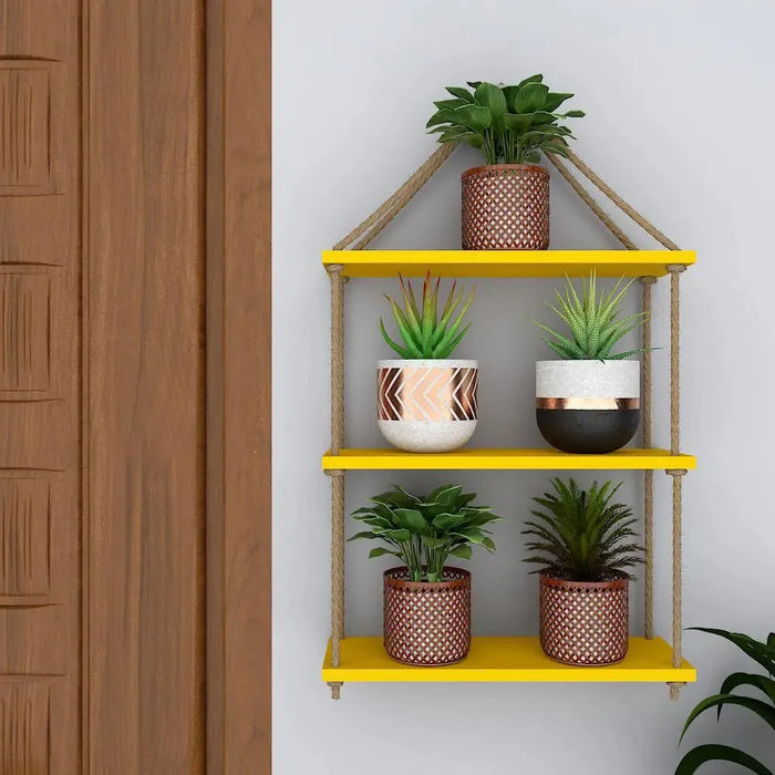 Planter Shelf Wooden Wall Hanging with Rope (Yellow Color)