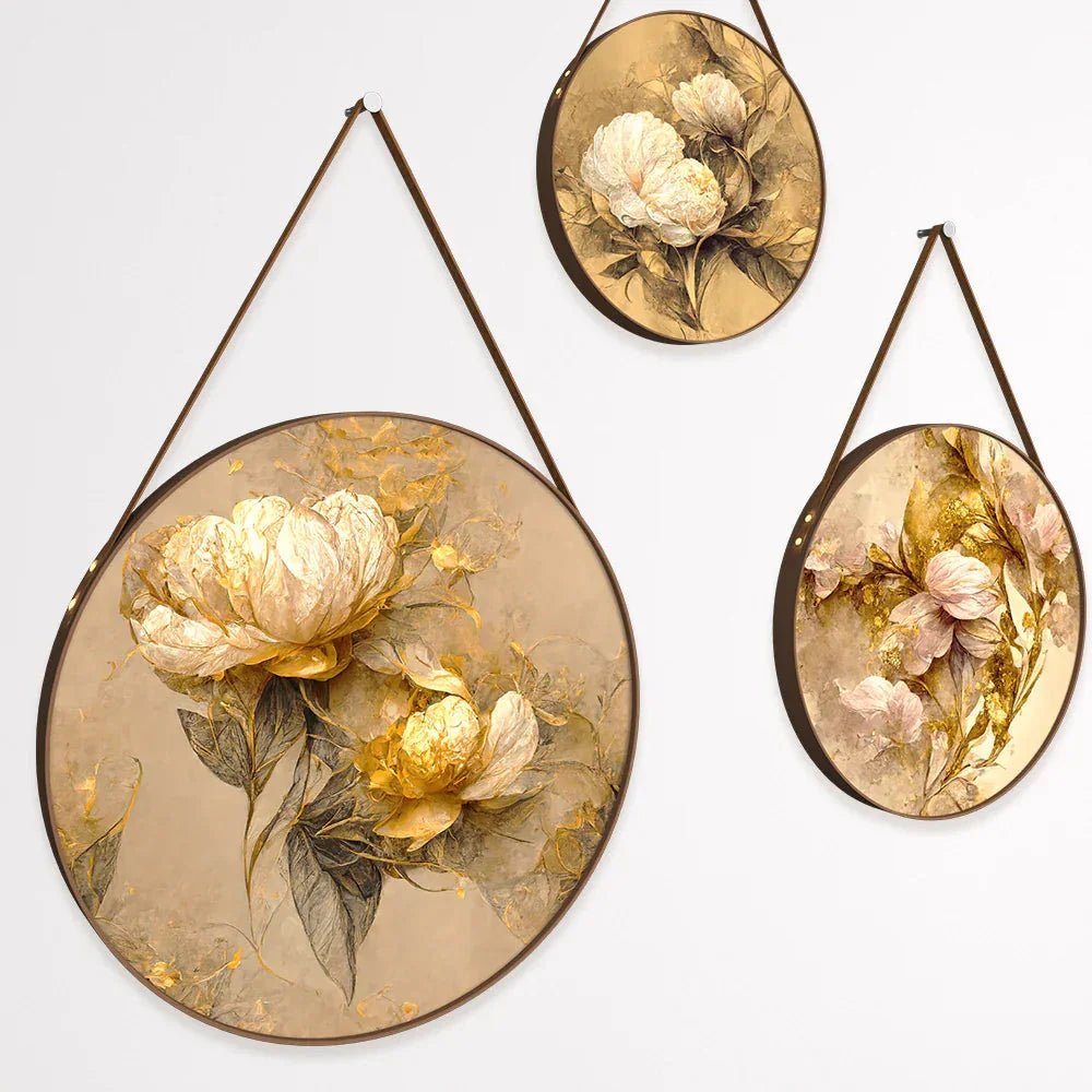 Golden Peony Flower Round Framed Wall Art Set of 3 - All India Decor