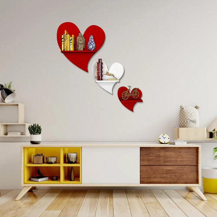 Heart Shape Wood Wall Shelf / Book Shelf, Red and White Color