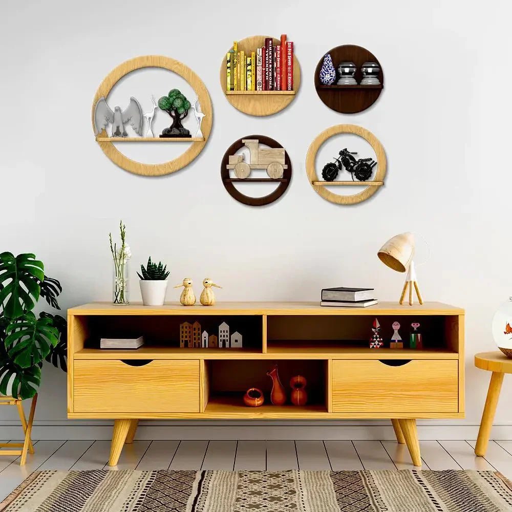 Stylish Circles Shape Set of 5 Wood Wall Shelf / Book Shelf,Walnut and Oak Finish - All India Decor