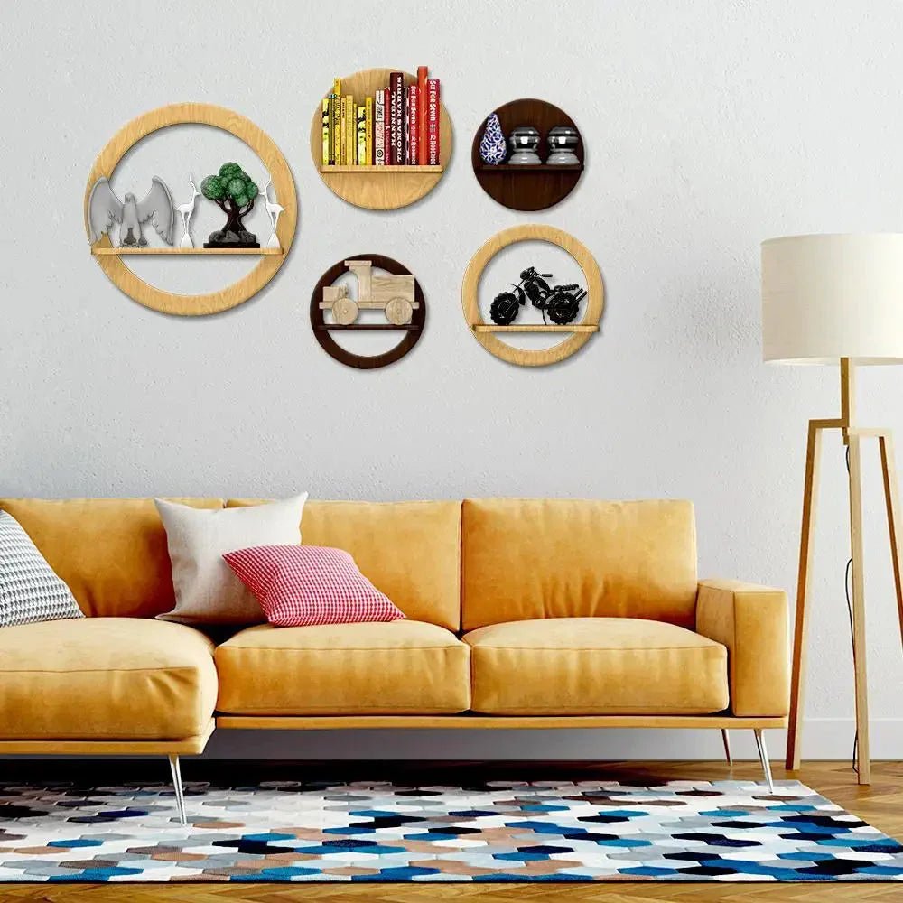 Stylish Circles Shape Set of 5 Wood Wall Shelf / Book Shelf,Walnut and Oak Finish - All India Decor