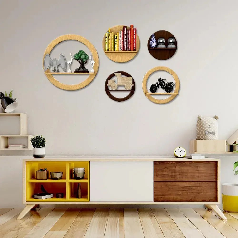 Stylish Circles Shape Set of 5 Wood Wall Shelf / Book Shelf,Walnut and Oak Finish - All India Decor