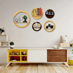 Stylish Circles Shape Set of 5 Wood Wall Shelf / Book Shelf,Walnut and Oak Finish - All India Decor