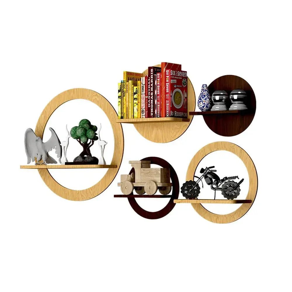 Stylish Circles Shape Set of 5 Wood Wall Shelf / Book Shelf,Walnut and Oak Finish - All India Decor