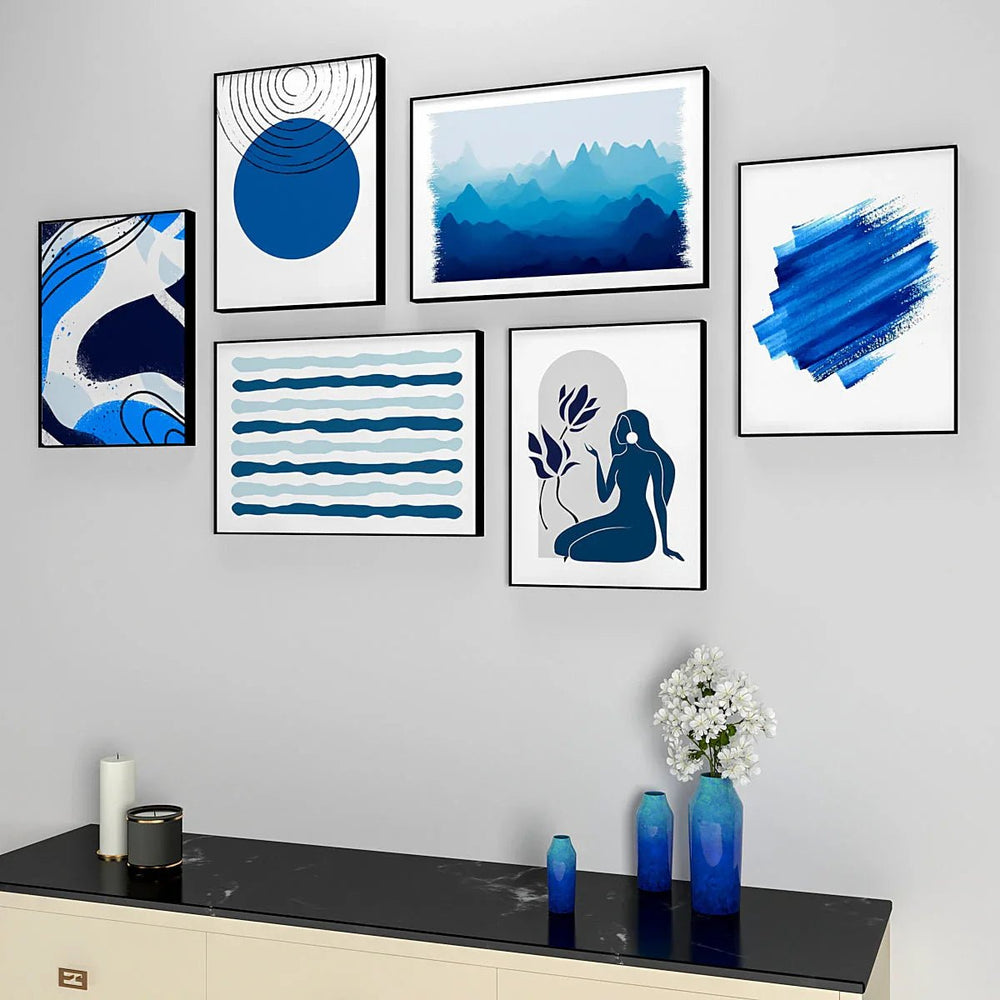 Shades Of Blue Abstract Frames Set Of 6 - All India Decor