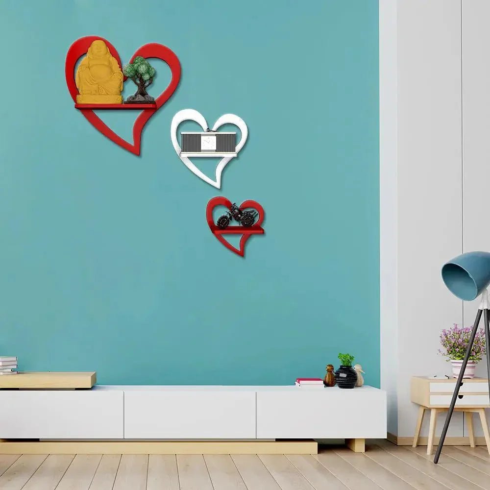 Heart Shape Wood Wall Shelf / Book Shelf,Red and White Color - All India Decor