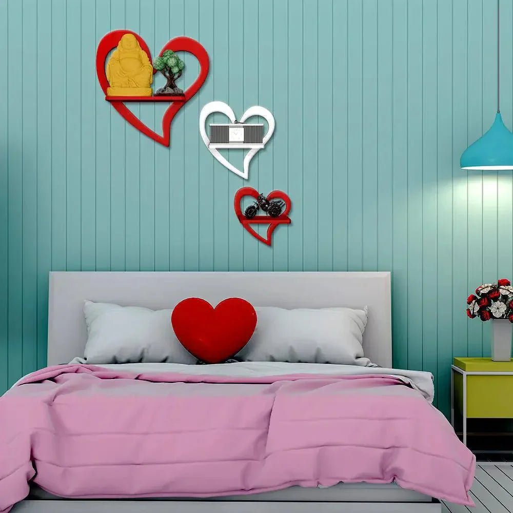 Heart Shape Wood Wall Shelf / Book Shelf,Red and White Color - All India Decor