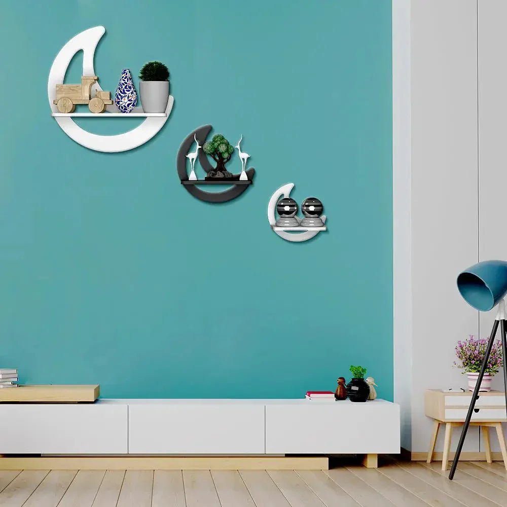 Moon Shape Set of 3 Wood Wall Shelf / Book Shelf, White & Grey - All India Decor
