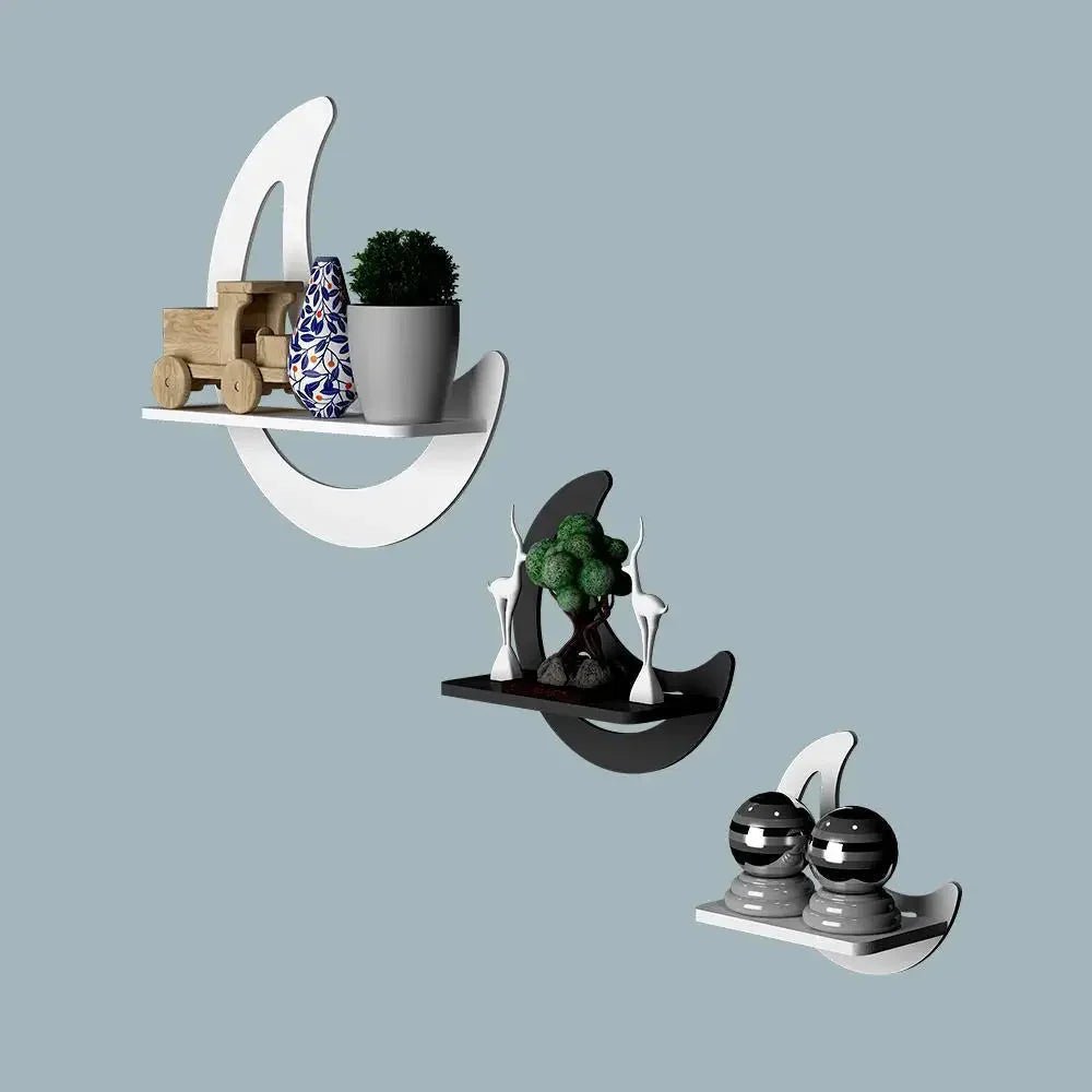 Moon Shape Set of 3 Wood Wall Shelf / Book Shelf, White & Grey - All India Decor
