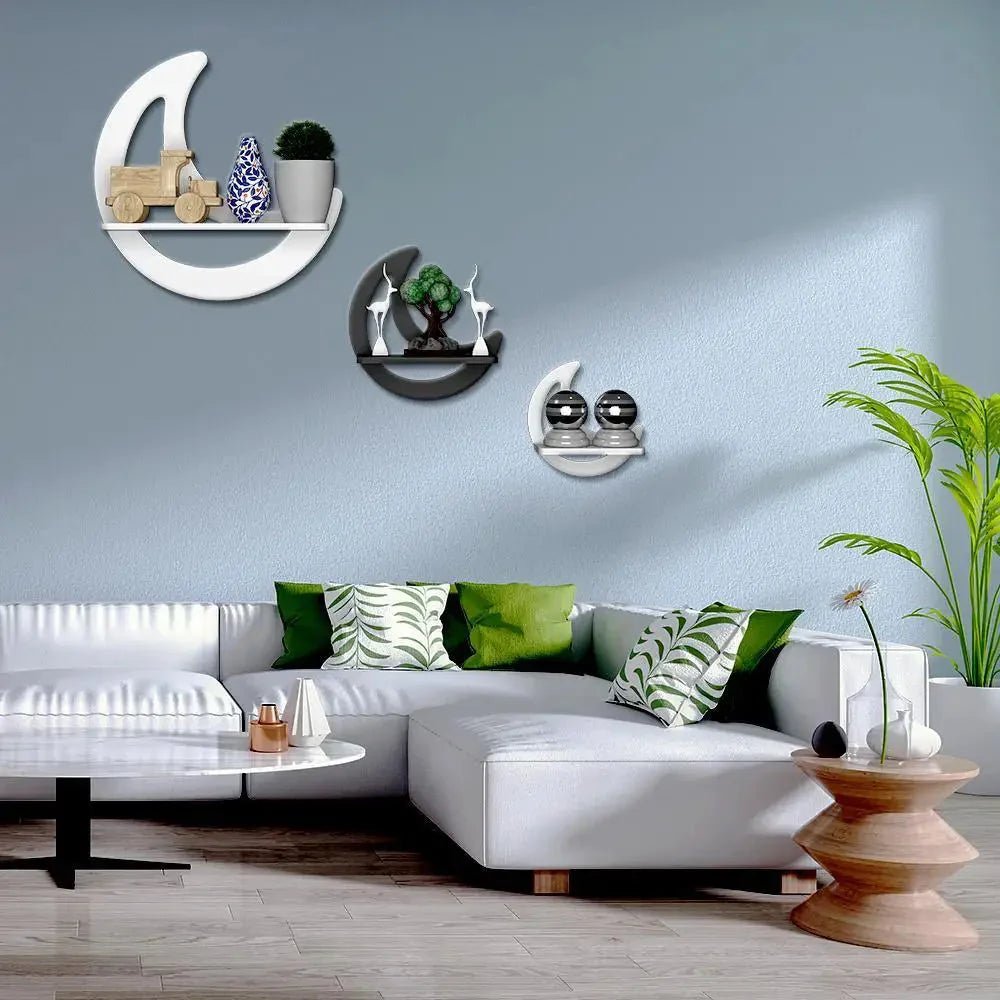 Moon Shape Set of 3 Wood Wall Shelf / Book Shelf, White & Grey - All India Decor