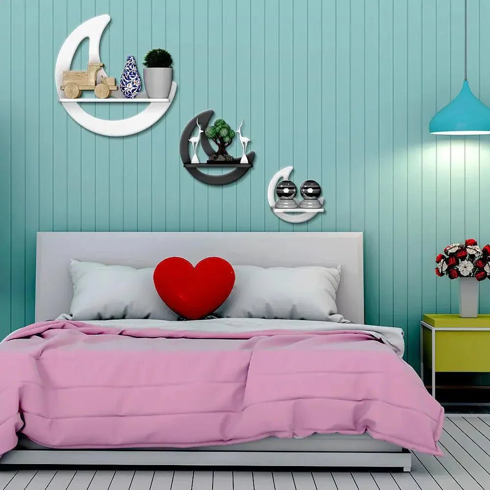 Moon Shape Set of 3 Wood Wall Shelf / Book Shelf, White & Grey - All India Decor