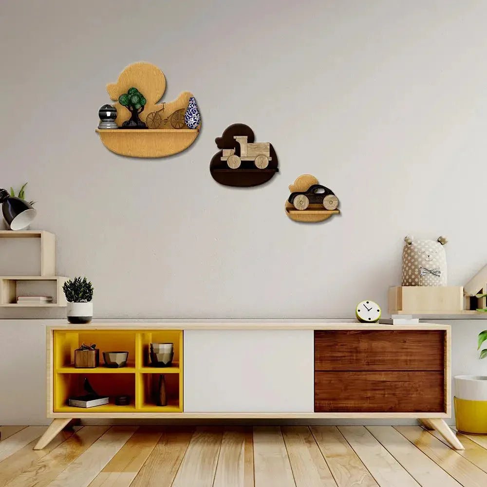 Duck Shape Wood Wall Shelf / Book Shelf,Walnut and Oak Finish - All India Decor