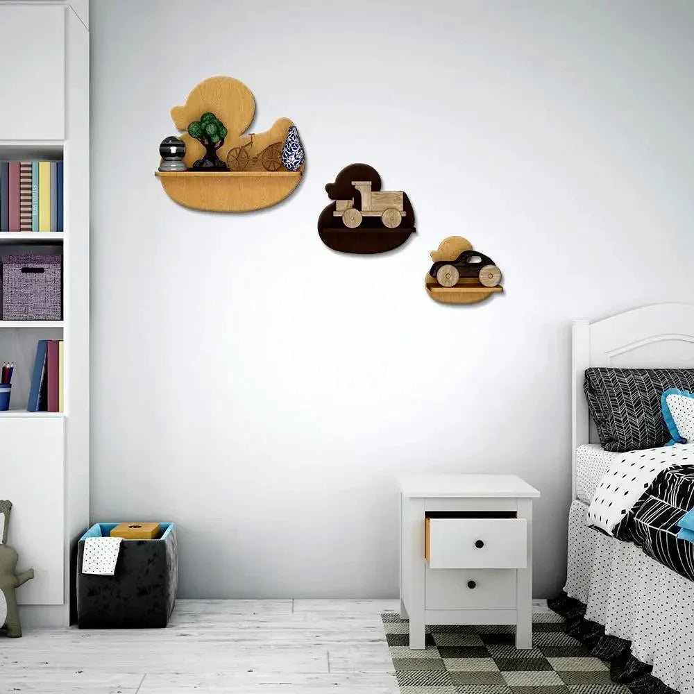 Duck Shape Wood Wall Shelf / Book Shelf,Walnut and Oak Finish - All India Decor