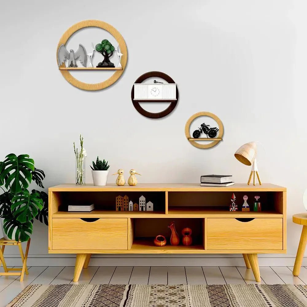 Circle Shape set of 3 Wood Wall Shelves / Book Shelf,Walnut and Oak Finish - All India Decor