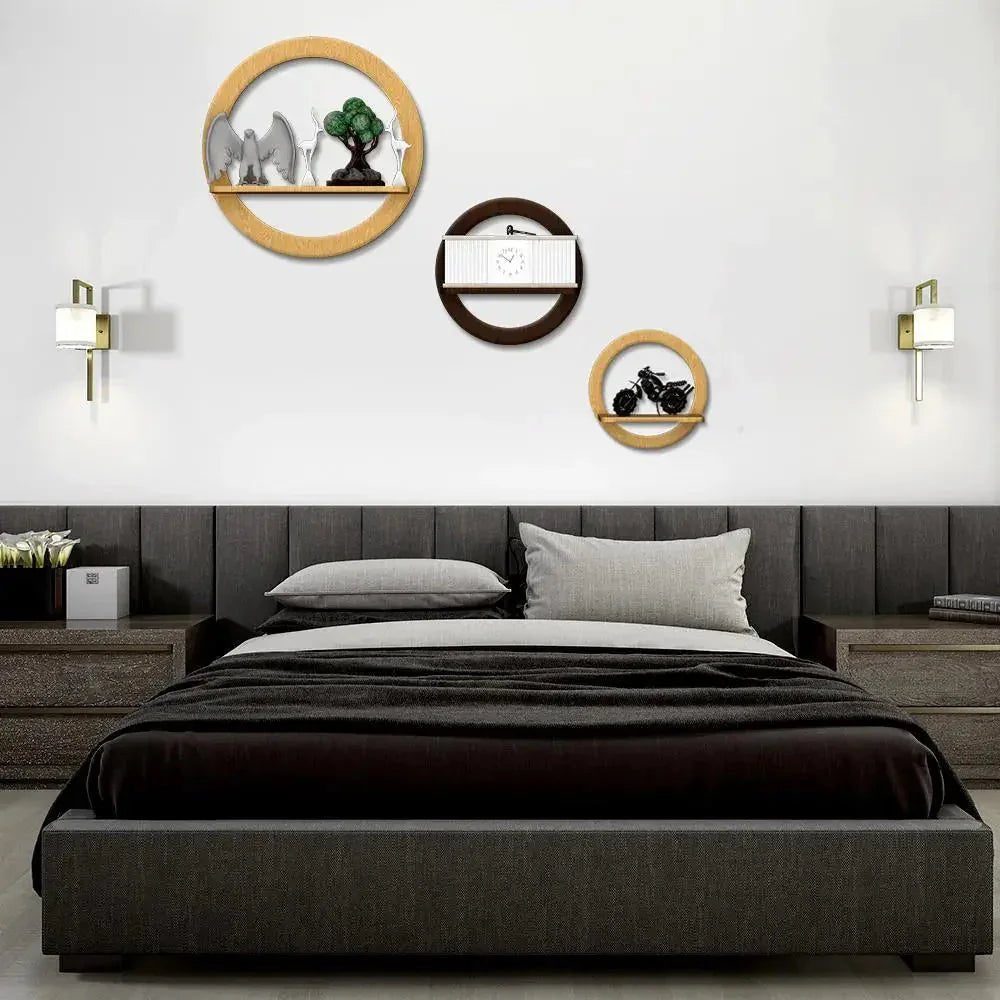 Circle Shape set of 3 Wood Wall Shelves / Book Shelf,Walnut and Oak Finish - All India Decor