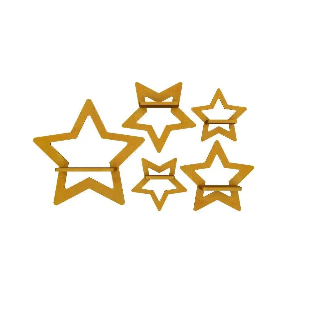 Stars Shape Wood Wall Shelf / Book Shelf, Gold Color - All India Decor