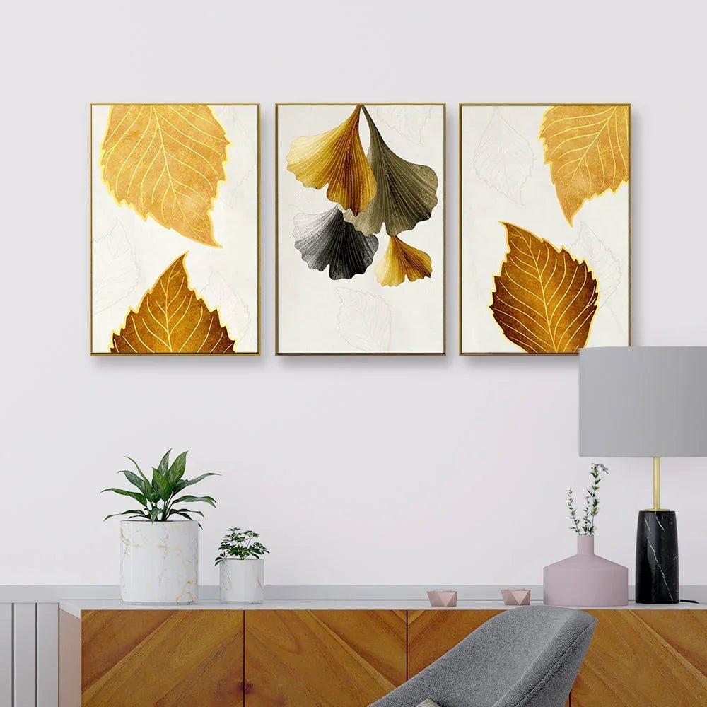 Lush Golden Leaves Frames Set Of 3 - All India Decor