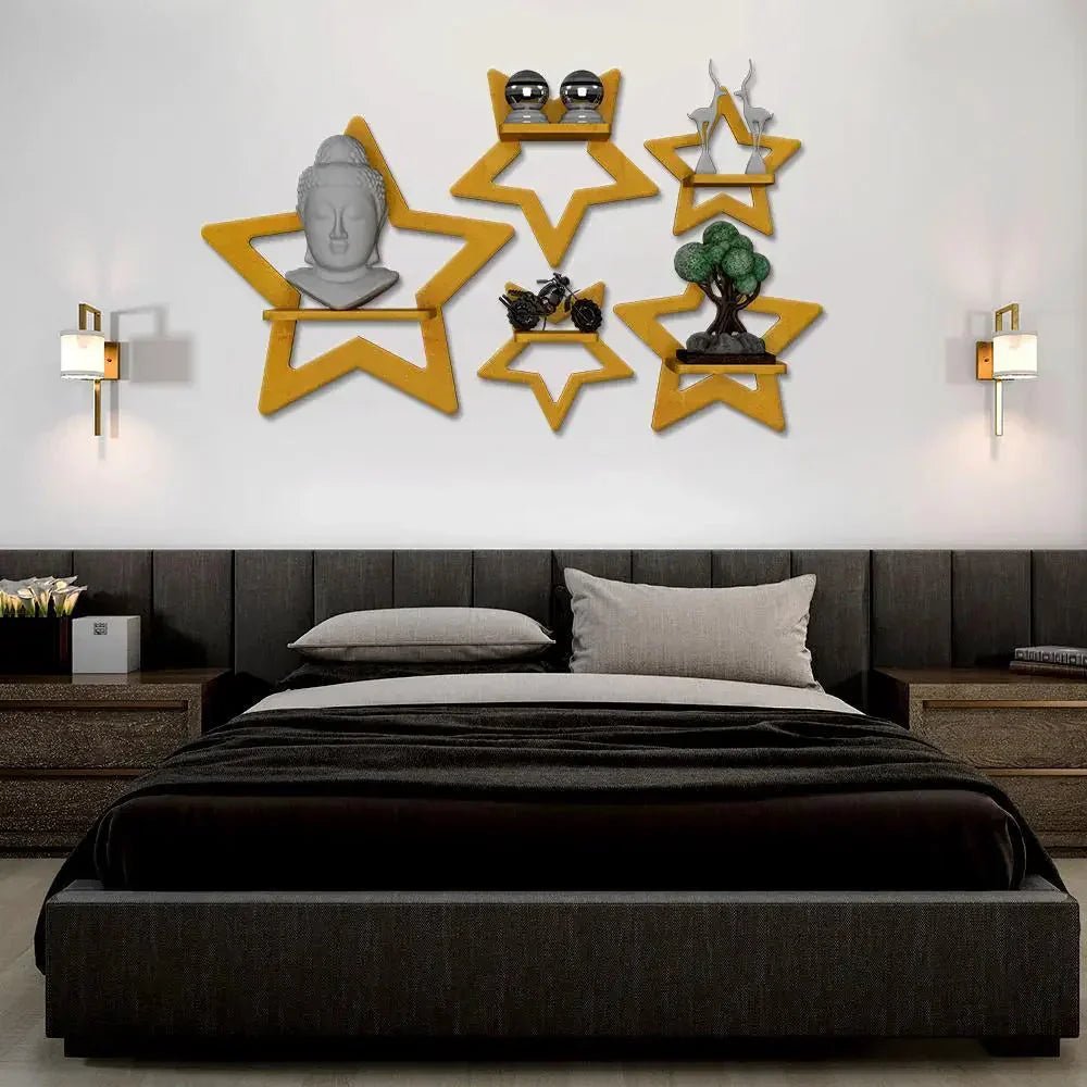 Stars Shape Wood Wall Shelf / Book Shelf, Gold Color - All India Decor