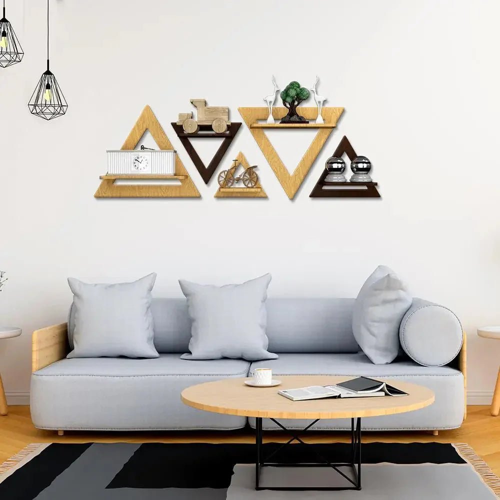 Triangle Shape Wood Wall Shelf / Book Shelf,Walnut and Oak Finish - All India Decor