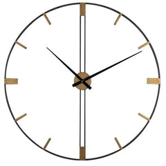Round wall clock with black frame and gold accents on a white background