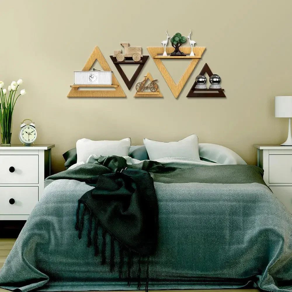 Triangle Shape Wood Wall Shelf / Book Shelf,Walnut and Oak Finish - All India Decor