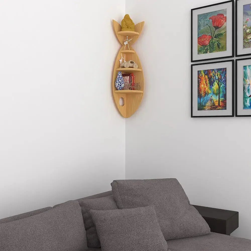 Fish Shape Wood Corner Wall Shelf / Book Shelf,Oak Finish - All India Decor
