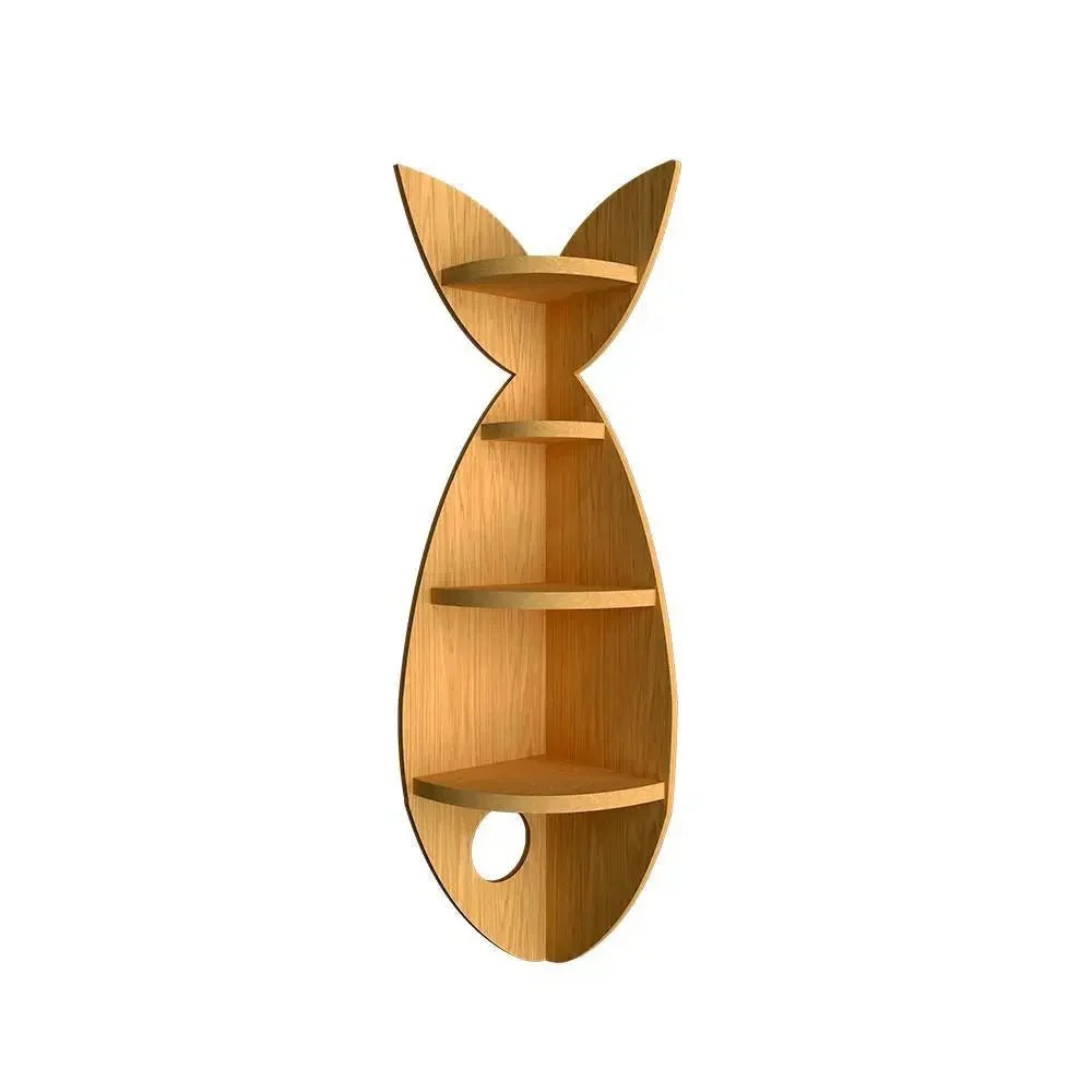 Fish Shape Wood Corner Wall Shelf / Book Shelf,Oak Finish - All India Decor