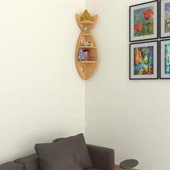 Fish Shape Wood Corner Wall Shelf / Book Shelf,Oak Finish - All India Decor