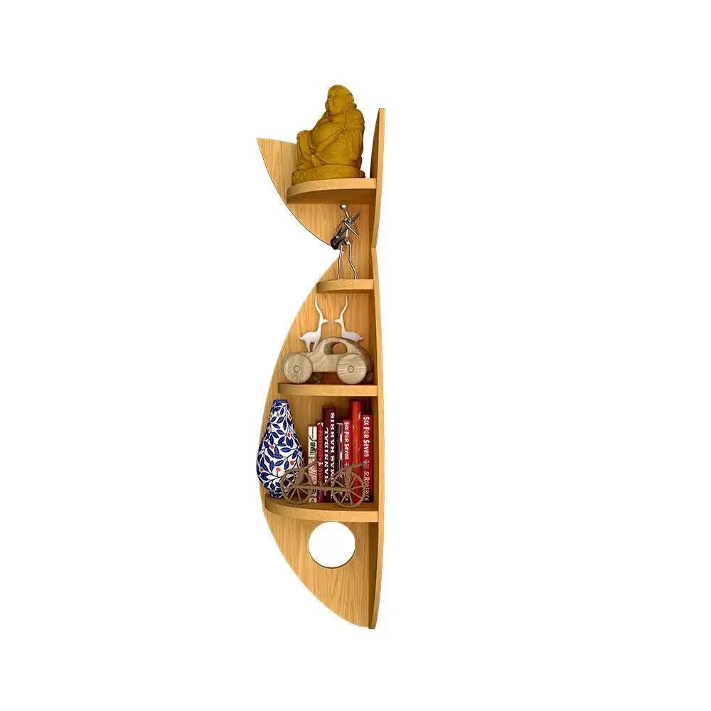 Fish Shape Wood Corner Wall Shelf / Book Shelf,Oak Finish - All India Decor