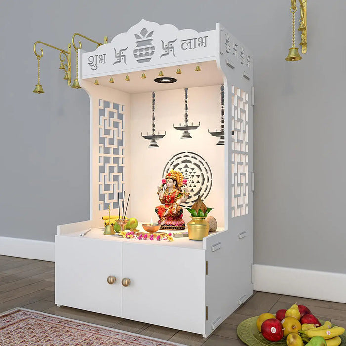 Timeless Wooden Mandir for Home with Spacious Shelf & Inbuilt Focus Light- White