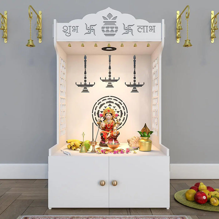 Timeless Wooden Mandir for Home with Spacious Shelf & Inbuilt Focus Light- White