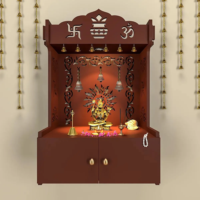 Premium Wall Temple with Inbuilt Focus Light & Spacious Wooden Shelf- Brown