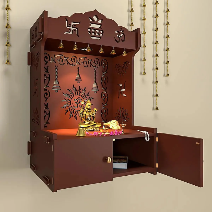 Premium Wall Temple with Inbuilt Focus Light & Spacious Wooden Shelf- Brown